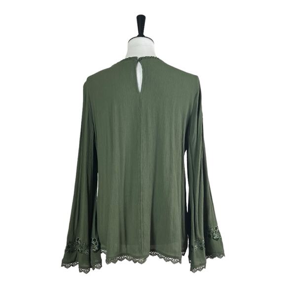 Time and Tru Blouse Boho Gauze Lace Pullover Olive Green Women’s Size Medium - Picture 4 of 13